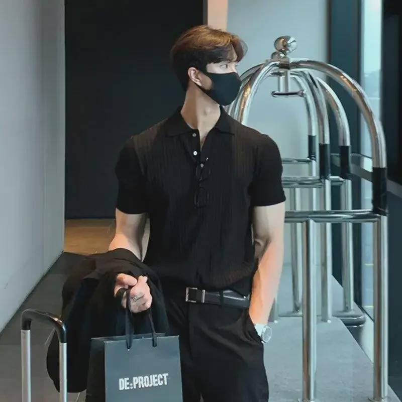 Men's Trendy Korean Style Polo Shirt - Casual Summer Solid Color, Textured, Knitted Short-Sleeve T-Shirt
