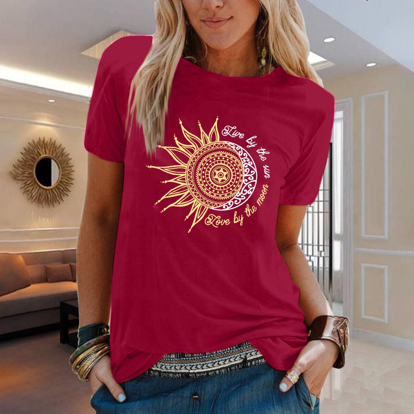 

Модный женский свободный удобный топ с круглым вырезом и короткими рукавами с принтом Солнца и Луны XXL винный