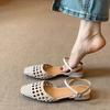 Sheepskin Version~ Literary and Retro Woven Hollow Low-heeled Bag Head Shoes Women's French One-word Buckle Outer Wear Leather Sandals