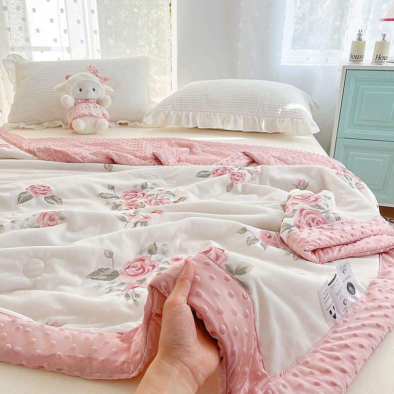 Pink Rose Smooth Air Condition Comforter Lightweight Floral Summer Quilt with Ice Silk Cooling Comforters Four Seasons Universal