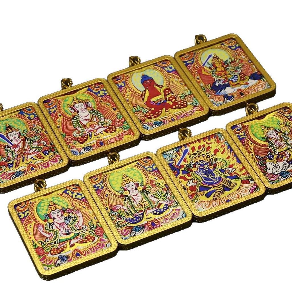 Gold-Painted Tibetan Thangka Pendant with Eight Guardian Deities in Zhakiram Mahakala Gau Design