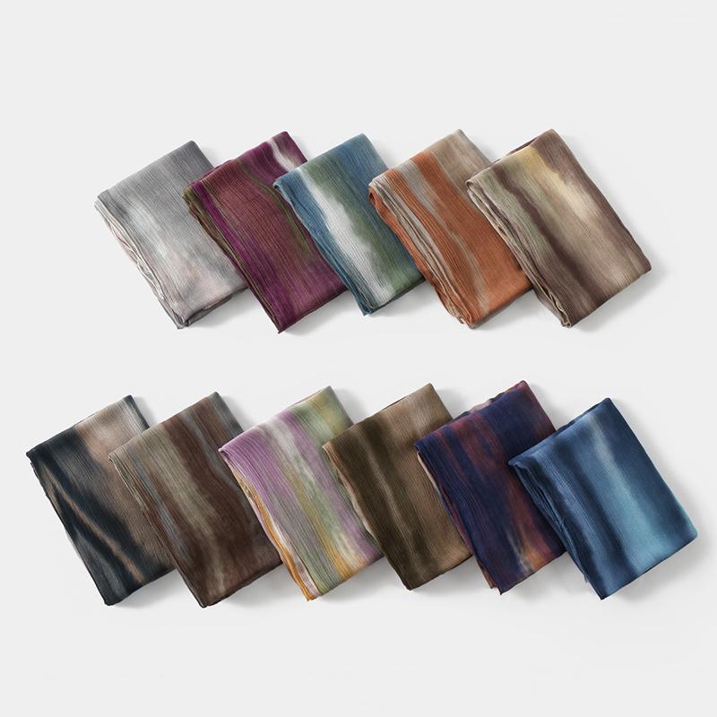 Bohemian Women Tie-Dyed Ombre Crinkle Cotton Rayon Hijab for Ramadan Soft Muslim Hijabs Scarf Breathable Islamic Wraps Shawls