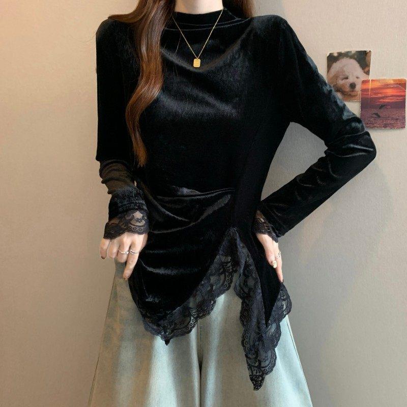 

Women s Black Lace Patchwork Velvet Long Sleeve T-Shirt: Half-High Collar, Wear Inside or Out M чорний