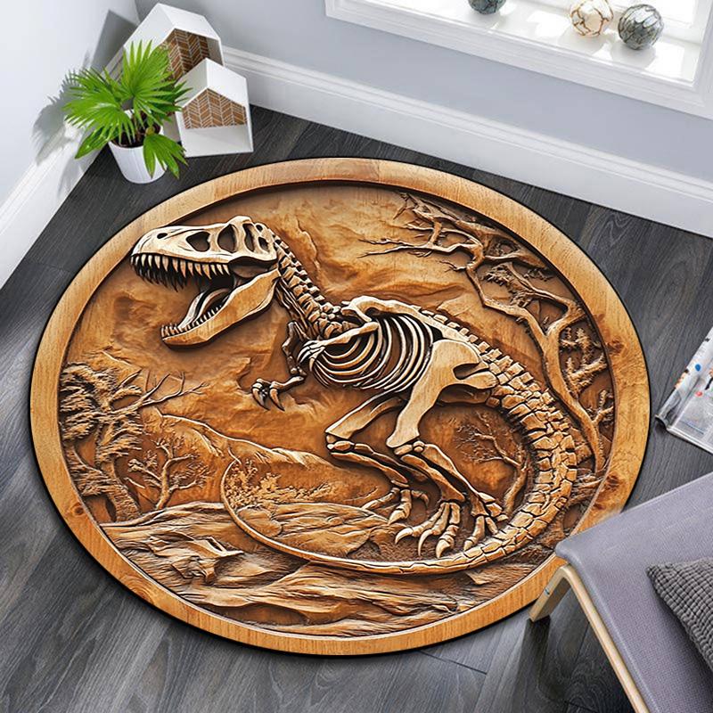 Dinosaur Fossil Relief Round Area Rug,Carpet Rug for Living Room Bedroom Sofa Playroom Decor,Non-slip Floor Mat