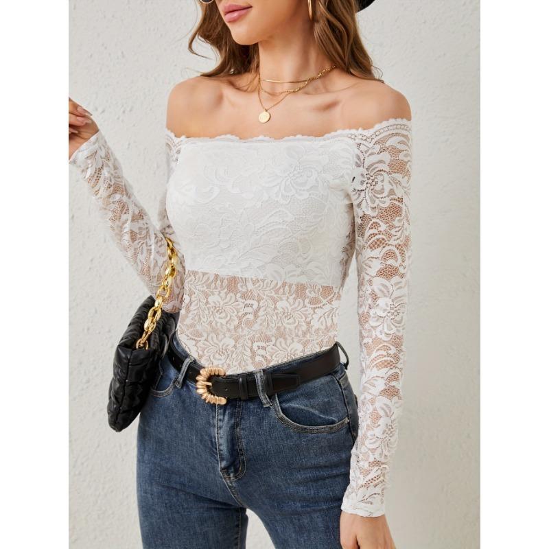 Women's Elegant Scalloped Neck Edge One Neck Strapless Lace Slim Slim T-Shirt Long Sleeve Top
