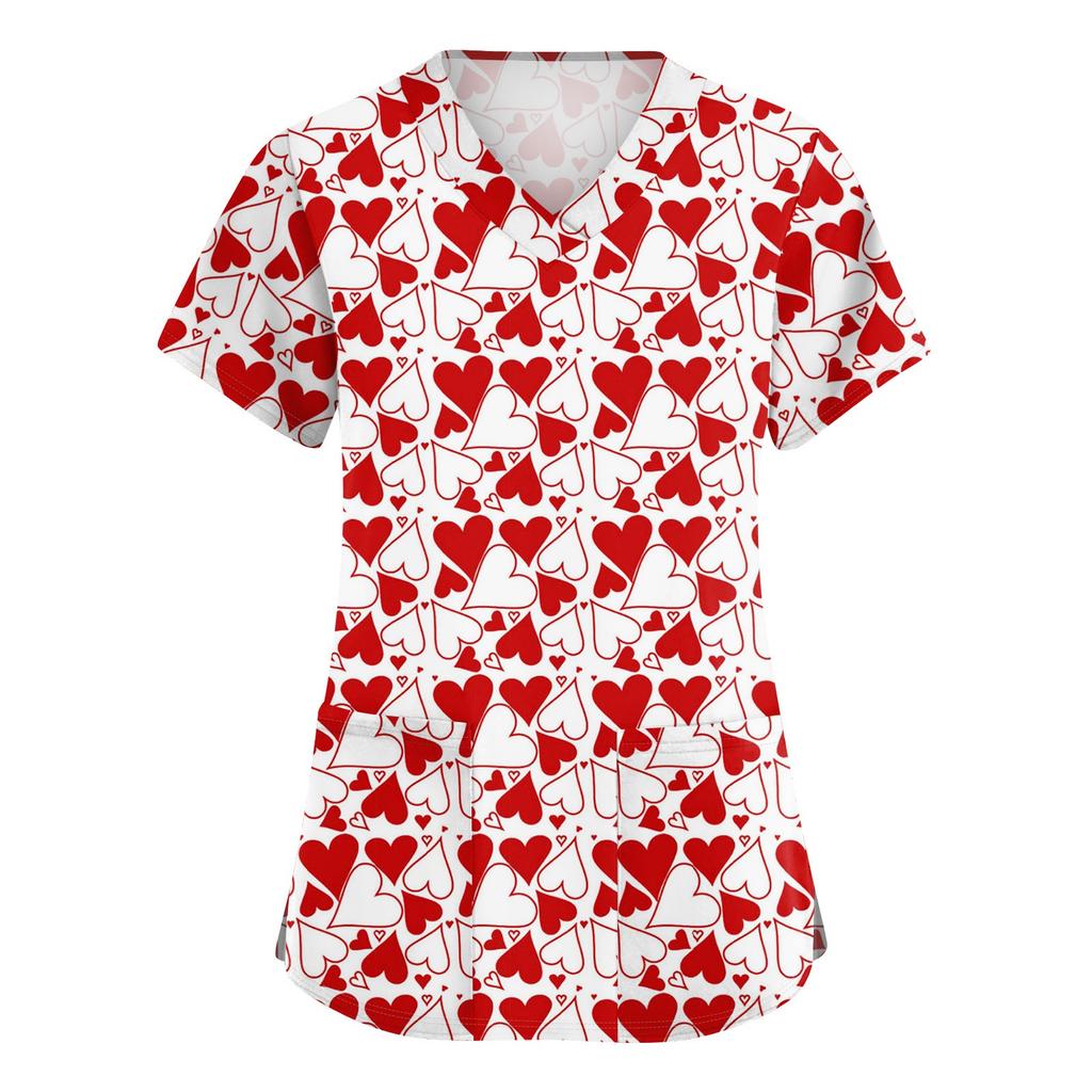 Women's Cute Bow Printed Work Clothes V-neck Double Layer Pockets Basic Short Sleeve Top Pullover