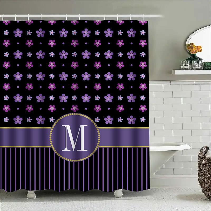 Purple Flower Shower Curtain With A Custom Letter Monogram For Home Bathroom Decor Black And Purple Floral Pattern