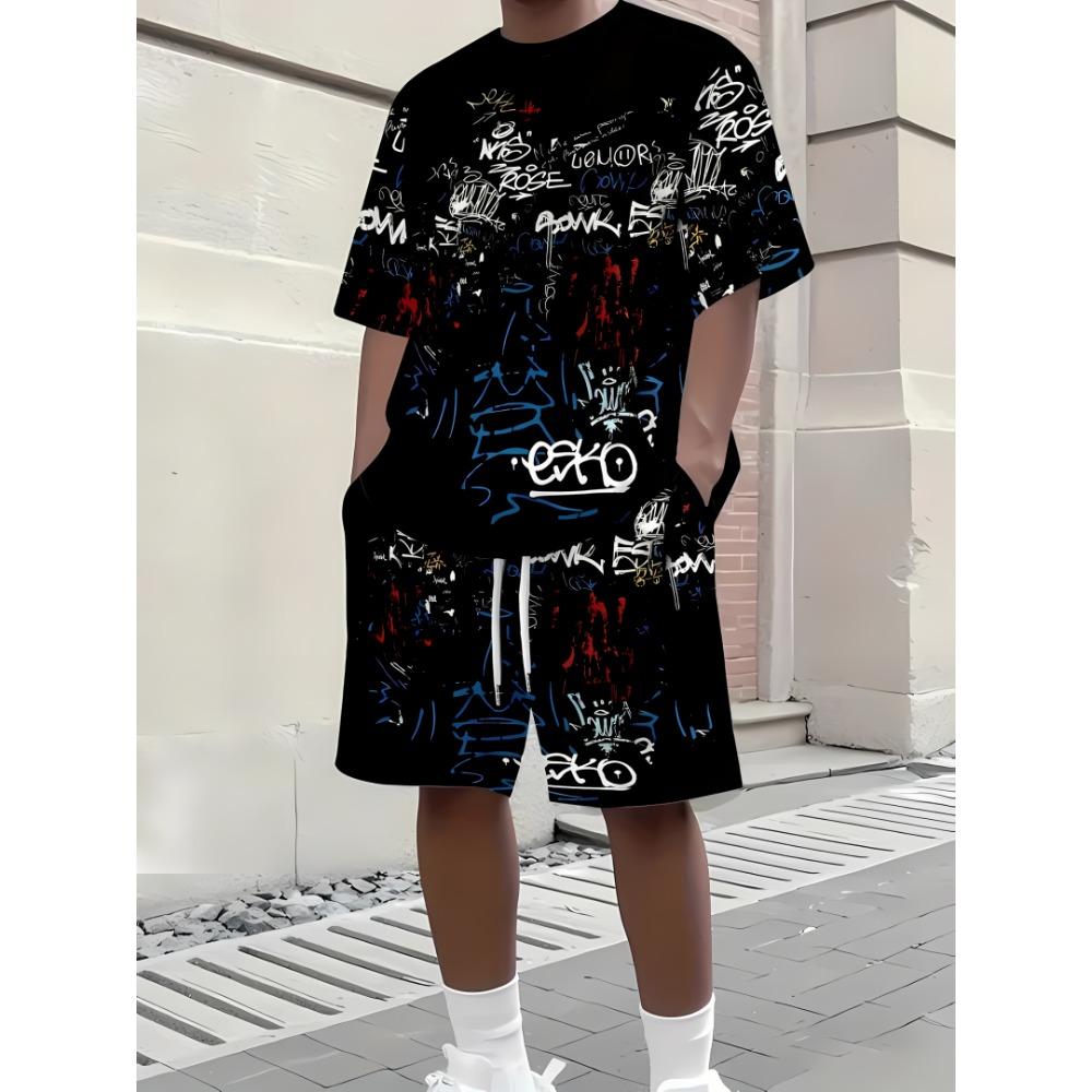 Herren Atmungsaktives Lässiges Kurzarm-Shorts-Set 3D-Bedruckt Outdoor Urban Street Top Shorts Lässiges Zweiteiler-Set