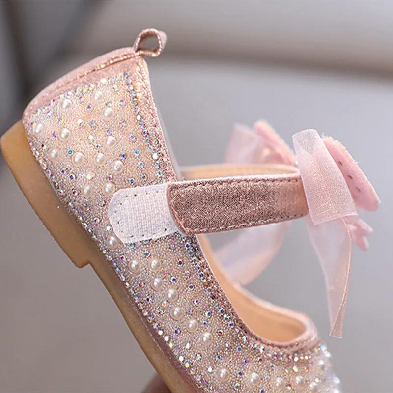 Spring Children's Lace Bow Princess Shoes Girls Bling Square Toe Leather Shoes New Kids Soft-Soled Versatility Stage Shoe I06198