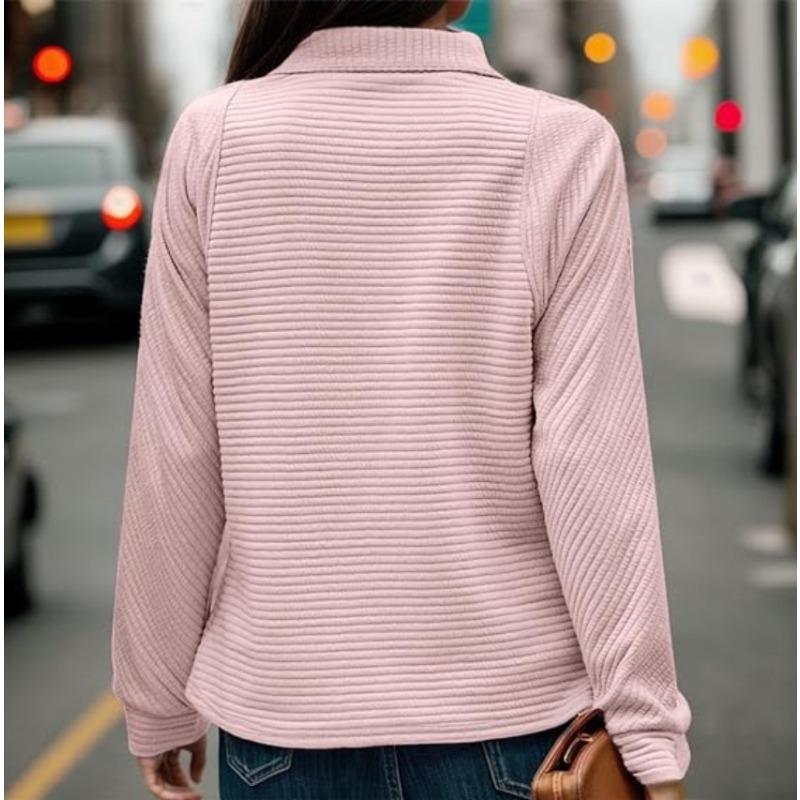 VEZFAA Women's Fashion Casual Spring Autumn Stripe Print Long Sleeve POLO Neck Blouses & Shirts