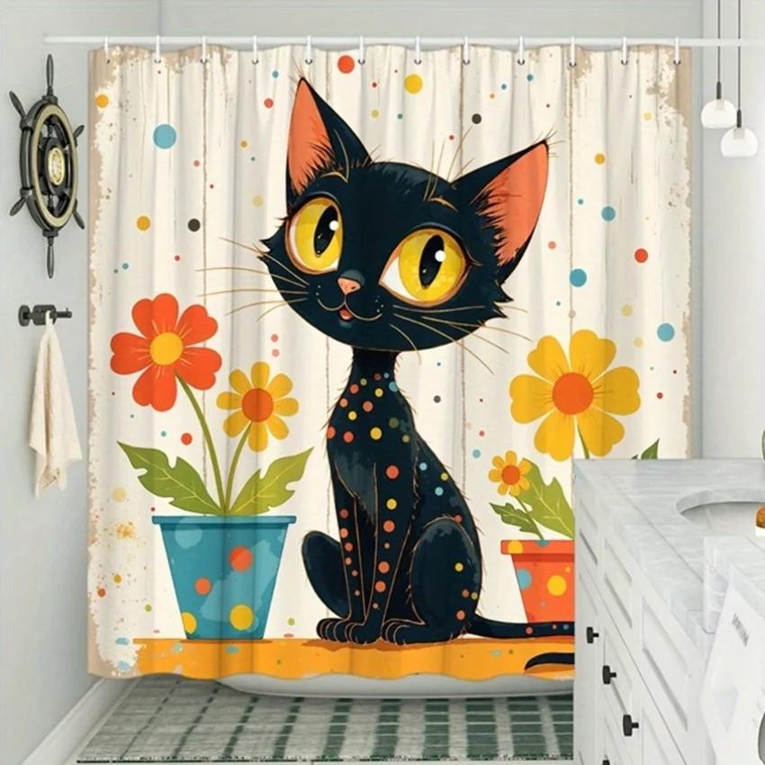 Cute Black Cat with Colorful Flowers Waterproof Shower Curtain - Modern Design for Bathroom Decor, Vibrant and Fun