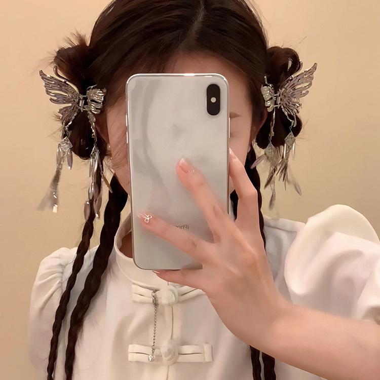 Ac de păr nou chinezesc cu ciucure fluture, pentru partea din spate a capului feminin, semi-prins, clips de păr, clips rechin, podoabă de cap argintie de înaltă calitate