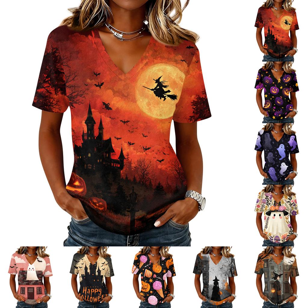 Womens Casual Halloween Print V Neck Pullover Top Short Sleeve Lightweight Shirt for Fall Seasonal Wear