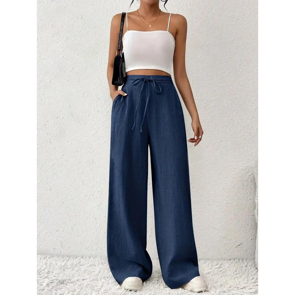 Wide Leg Floor Length Pants Women Drawstring Pant Loose Y2k Streetwear Capris Pockets Casual Sports Summer High Waist Basics
