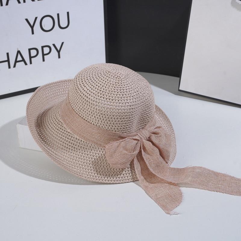 

Vintage Women Hat With Bowknot Foldable Summer Sun Hat Wide Brim Casual Straw Cap For Outdoor Travel Beach Uv Protection Hat светло-розовый