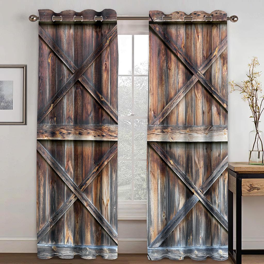 

3D ретро шторы с эффектом настоящей деревянной двери 2 панели подходят для гостиной спальни кухни балкона европейский и американский ветер 50W130H(CM)X2PCS&Hook