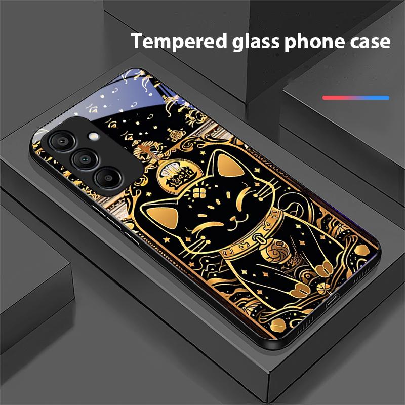 Black Gold Cat For Samsung Galaxy A15 5G 54 4G 51 50 24 35 90 71 12 51 53 52S 80 22 34 Black Tempered Glass Phone Case