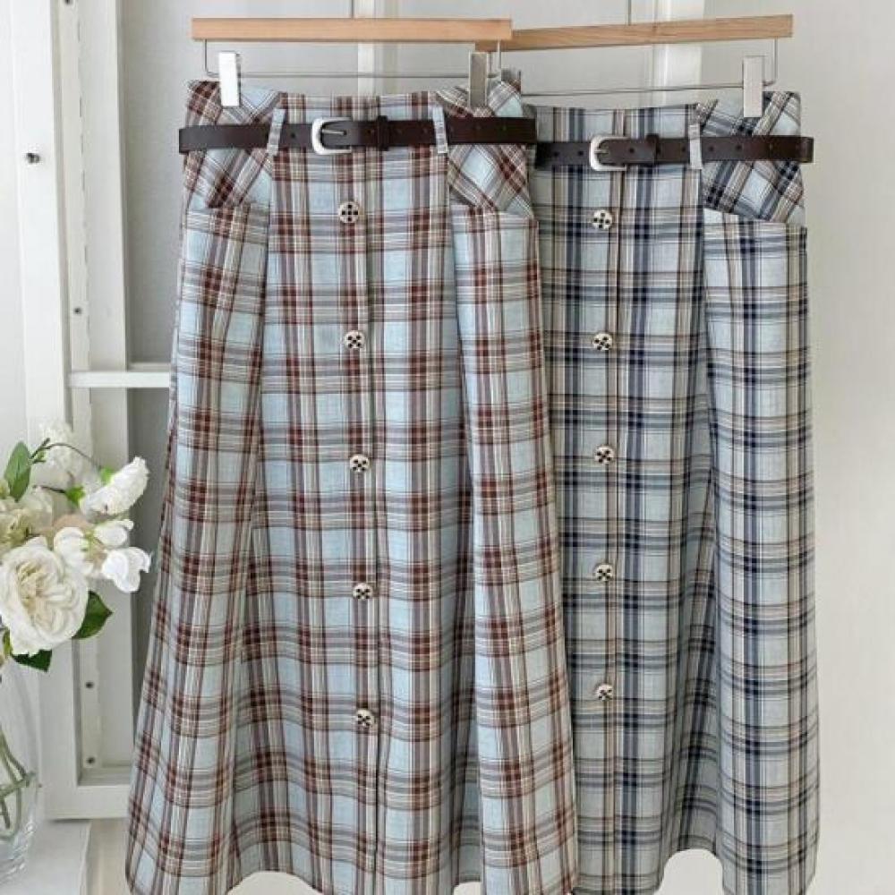 New ArrivAls Open Run Check Skirt A Line flAre wAist Belt Long Skirt