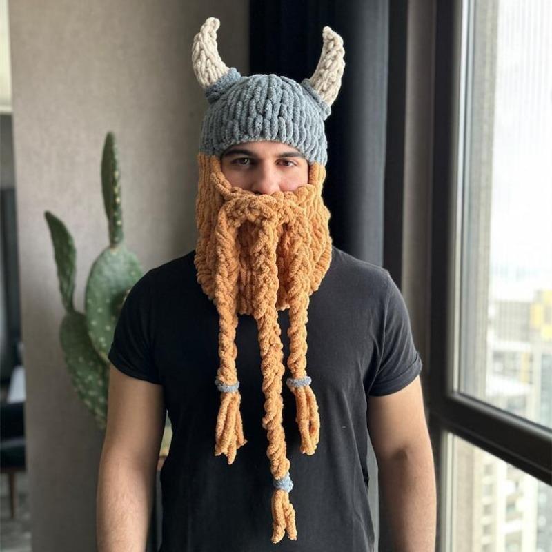Halloween chapéu de chifre engraçado máscara de barba grande capuz fio de lã grosso engrossado quente outono e inverno pulôver de malha