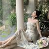 Sexy French Print Suspender Dress Women's Niche Design Chic Slim Mesh Fishtail Dress Beautiful Temperament