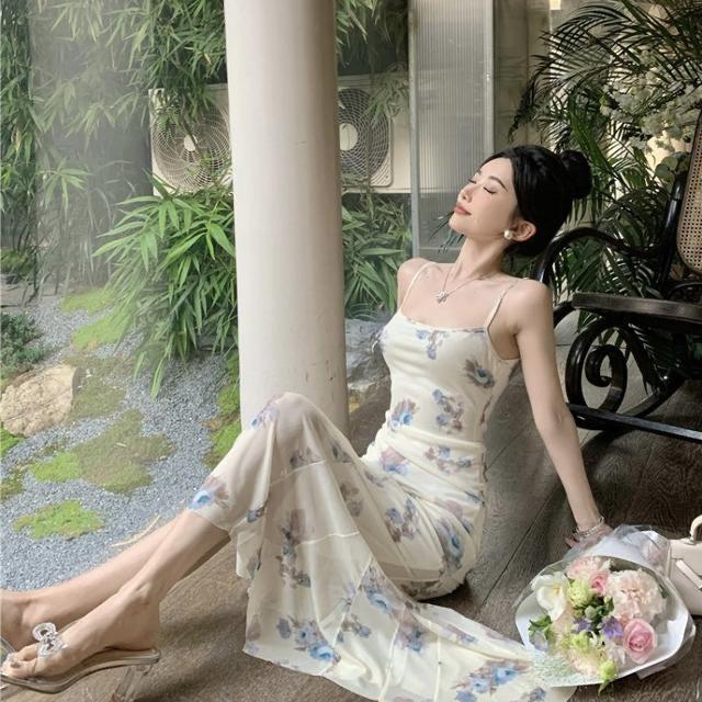 Sexy French Print Suspender Dress Women's Niche Design Chic Slim Mesh Fishtail Dress Beautiful Temperament