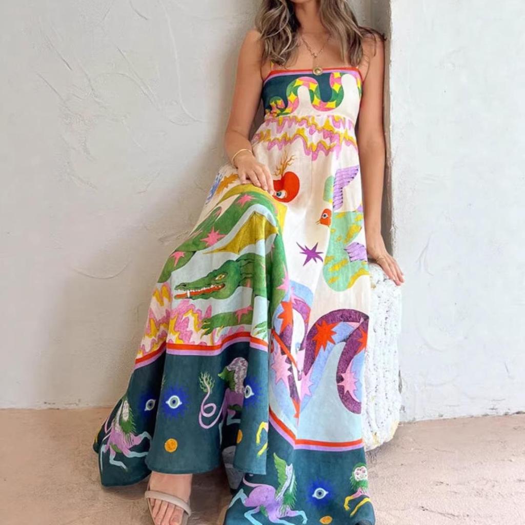 2026 Modern Style Women's Sleeveless High-Waisted Printed Camisole Dress - Casual and Commute Wear