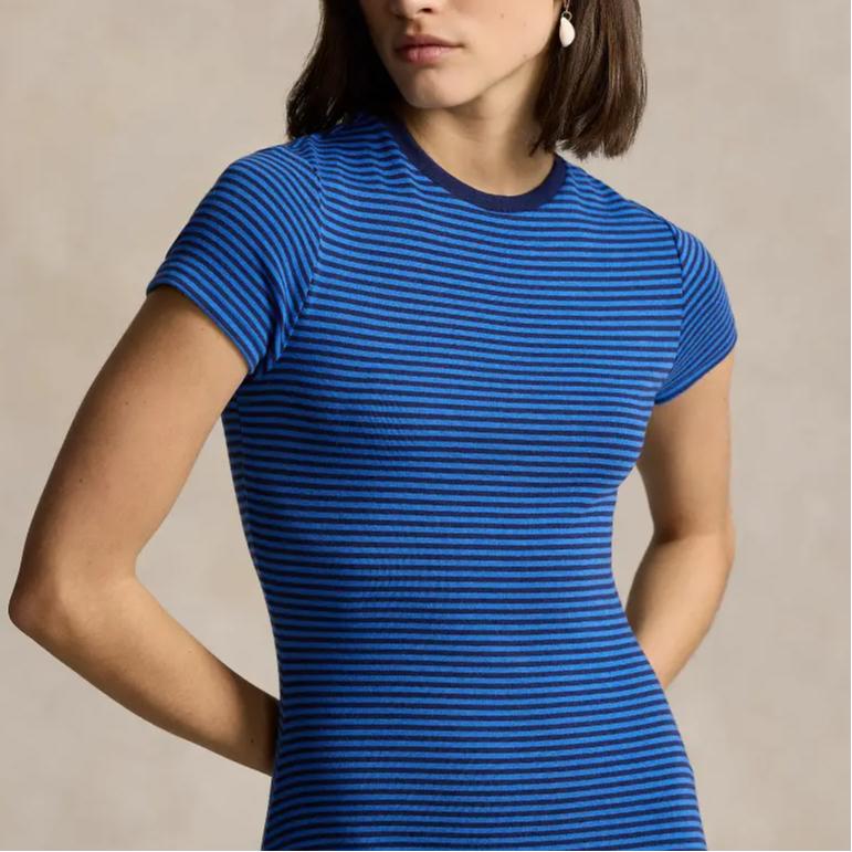 Polo Ralph Lauren Striped Round Neck Waist Cinched Mid-Length Short Sleeve Dress Women Dresses Dark-Blue WMPODRSNFA20664-400