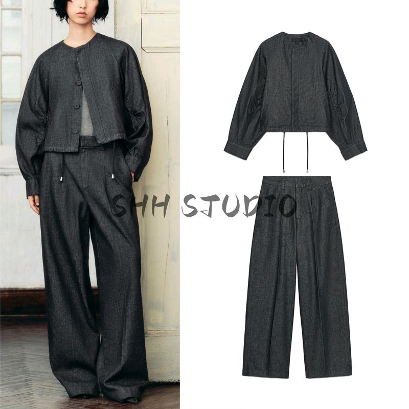 Denim Fluffy Pilot Jacket 5216260 Loose Wide Leg Denim Denim Mid Waist Pleated Pants 9632257