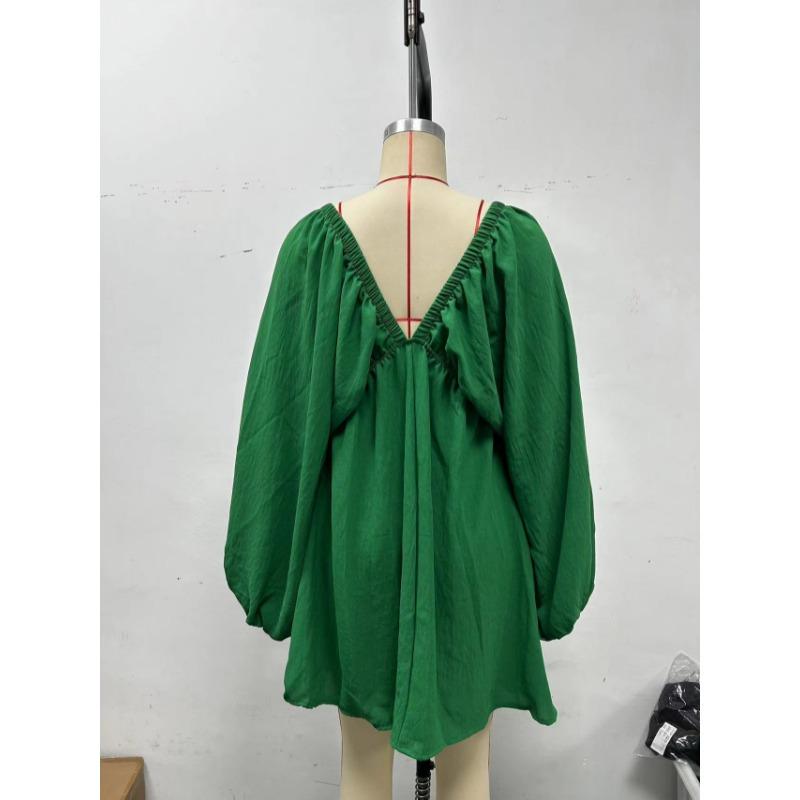 Elegant Fashion Deep V-neck Long Sleeved Women Dress Spring Summer Simple Casual Loose Sexy Solid Color A-line Party Dress Female Office Ladies