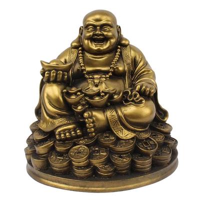 Resin Fengshui Figurine Laughing Buddha Sitting On Luck Money Coins Carrying Golden Ingot for Good Luck & Happiness