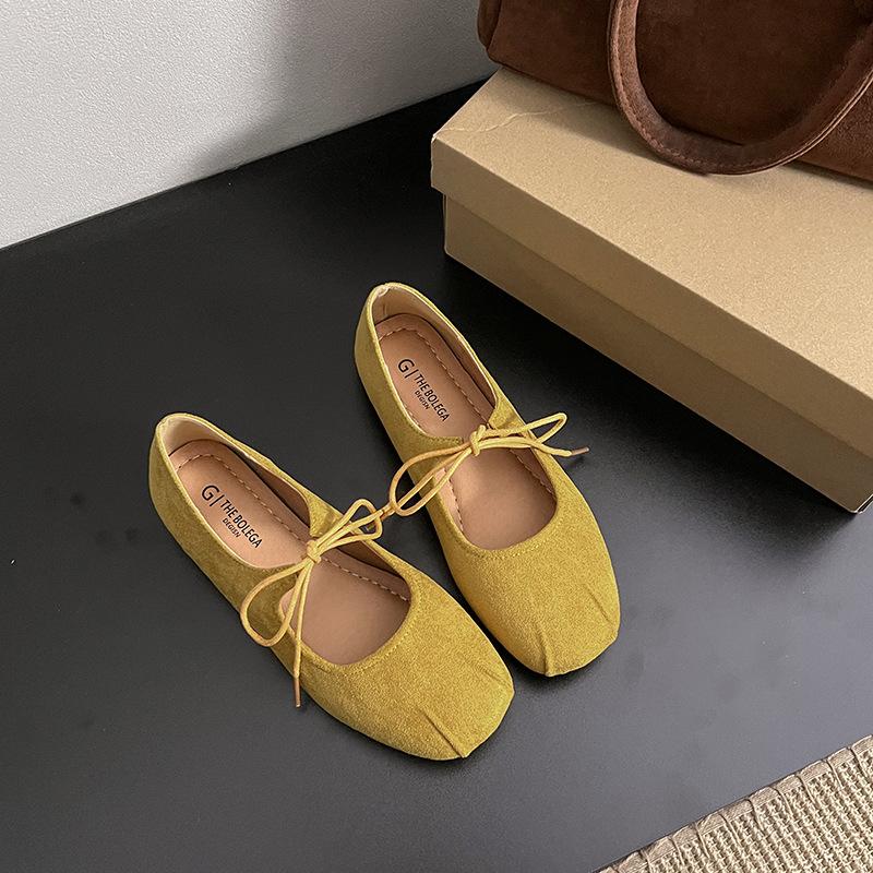 

2025 Корейская версия замшевые балетки с бантом квадратный носок плиссированные универсальные на шнуровке плоские одинарные туфли на мягкой подошве туфли бабушки 40 жёлтый