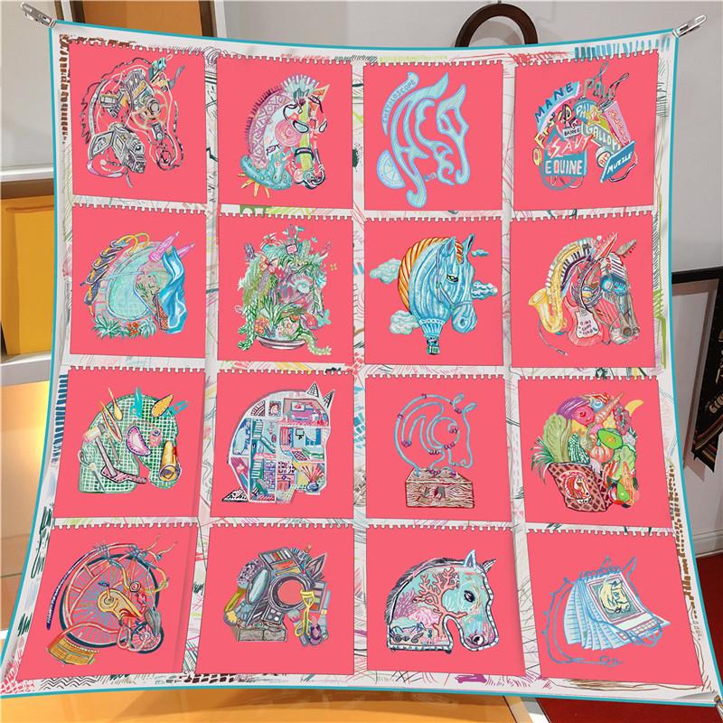 Silk Scarf Women Horse Head Print Square Scarves Head Echarpes Silk Foulards Femme Wraps Beach Shawl Bandana Lady Hijabs 90CM