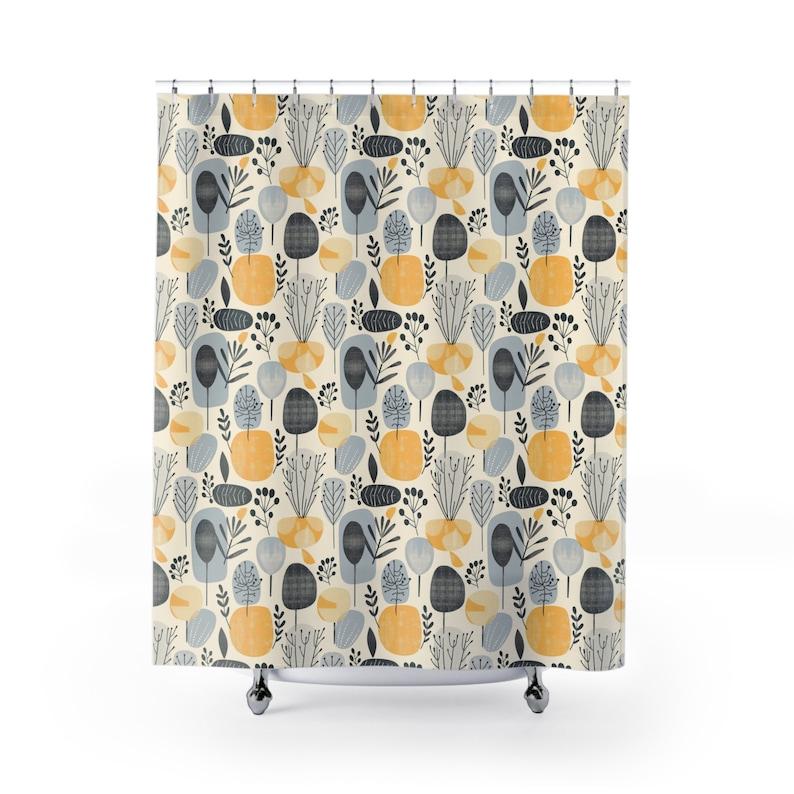 Scandinavian Abstract Botanical Shower Curtain – Mustard Yellow & Gray Modern Bathroom Decor, Designer Home Aesthetic