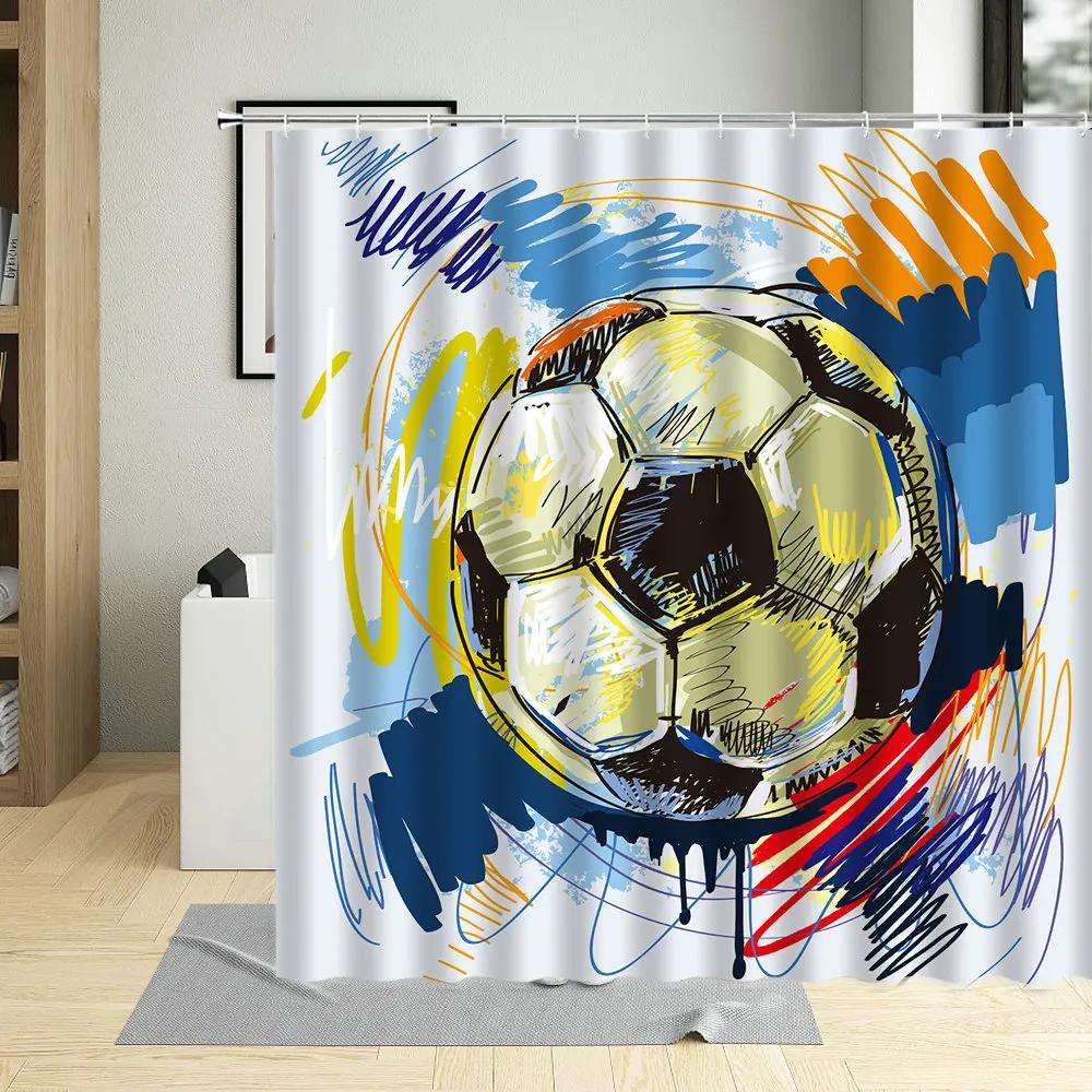 Football Sports Design Shower Curtain, Polyester Fabric, Waterproof, Boys Home Decor, Screens with Hooks, Cartoons Bathroom