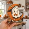 Vintage Fall Holiday Party Supplies Halloween Retro Pumpkin Witch Cat Ghost Figurines with Crescent Base, Spooky Rustic Tiered Tray Decor Wooden