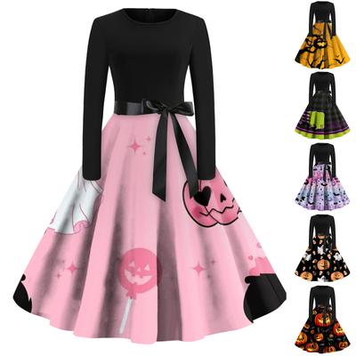Women's Vintage Classic Dress Neck Waist Bow Tie Long Sleeves Halloween Print V Neck Swing Dress