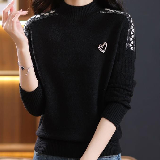 Half Turtleneck Sweater Solid-color Fashionable Knitted Sweater for Women Loose Long-sleeved Casual Pullover Autumn and Winter