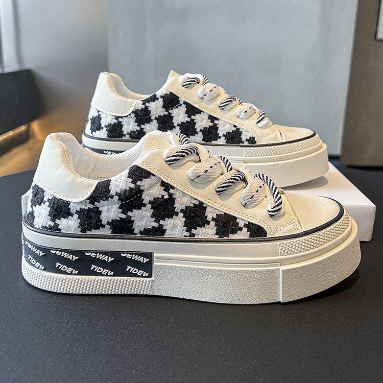 Schwarz-weiß karierte Canvas-Schuhe für Damen, Damen-Freizeitschuhe mit dicker Sohle im Retro-Stil