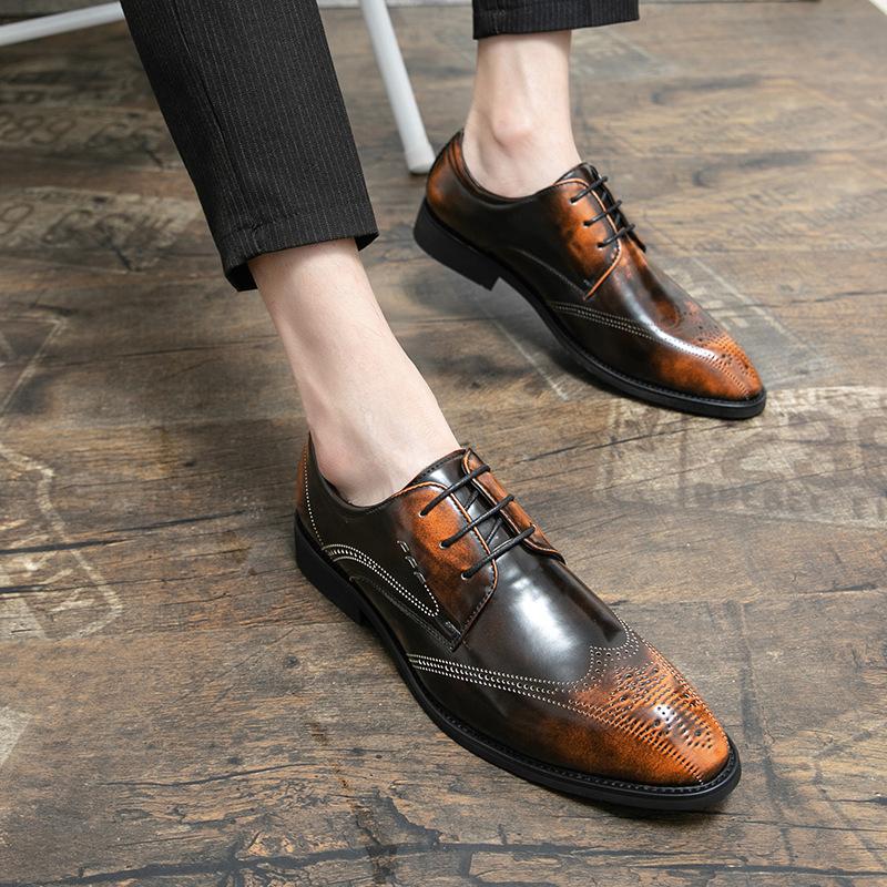 Large Size Men's Shoes 48 Polish Color Men's Fashion Dress Pointed Small Leather Shoes Brock Engraved Business Leather Shoes Men