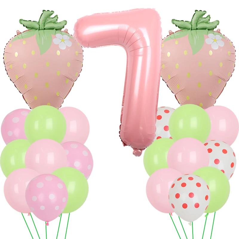 Fruit Strawberry Flower Foil Balloons with 40inch Pink Number Balloon Berry First Birthday Girl Sweet Summer Party Supplies