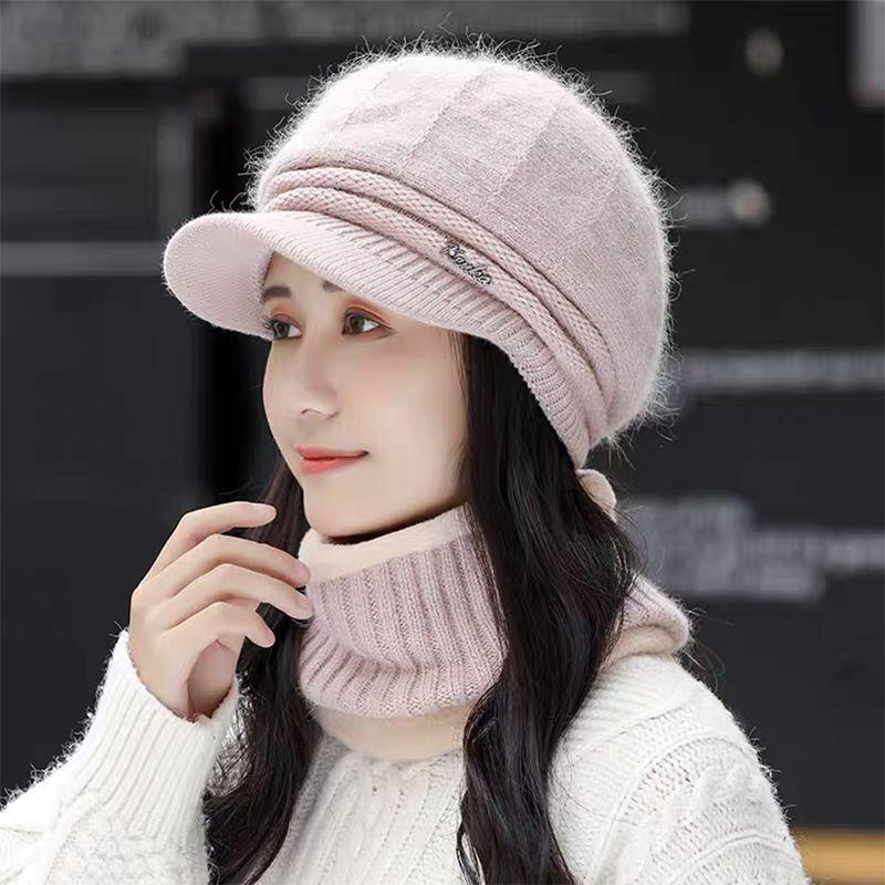 Strickmütze Damen Vielseitige Mütze Schal Zweiteiliges Set Winter Geeignet für großes Gesicht Warm und Samt Mutterhut