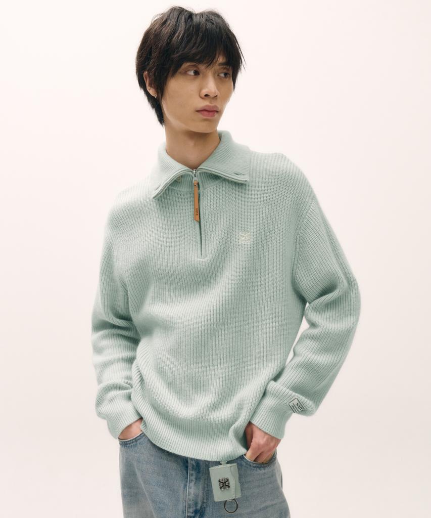 Seteo Button-Up Sailor Half Knit Zip-Up Mint