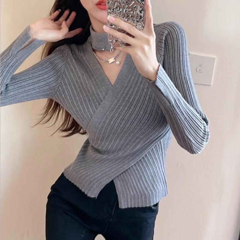 Sexy Fashion Cross V-neck Knitted Bottoming Shirt Women's Pullover Slim Fit Casual Sweater Autumn Winter Turtleneck Inner Top Solid Simple Clothing