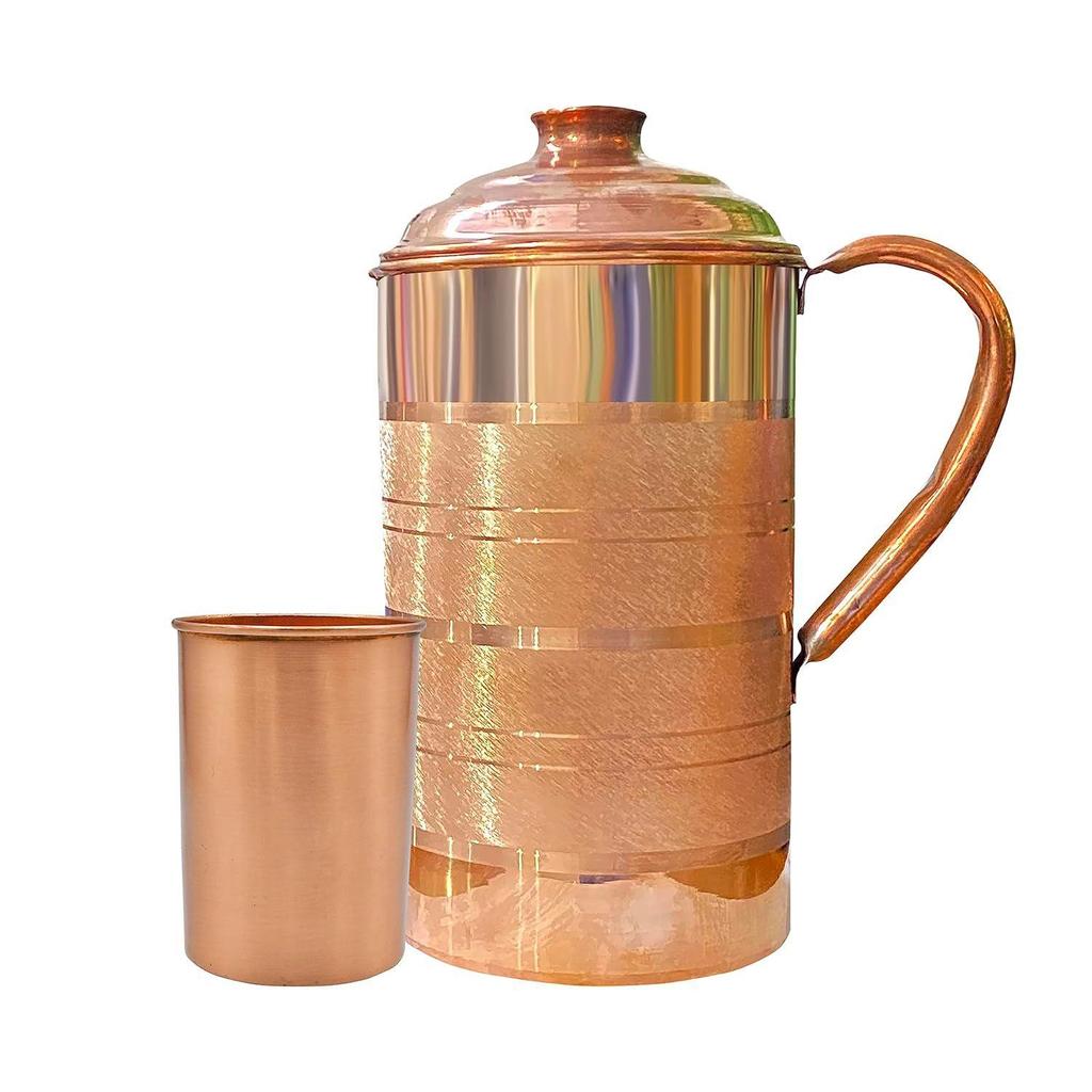 Pure Copper Water Jug 2 Litre with 1 Copper Glass (300ml) | Ayurvedic Copper Pitcher Set for Drinking & Storage for Health & Wellness