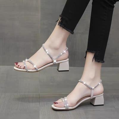 Sandalen für Damen mit mittelhohem Absatz, klobigen Strasssteinen, sexy Blockabsatz, Damenschuhe, Diamanten, Party, Hochzeit, dick oder luxuriös, Sommer