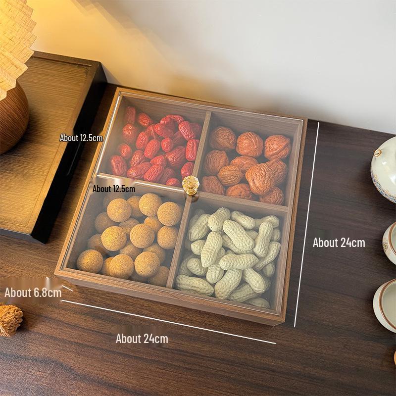 Solid Wood Chinese Style Fruit and Candy Box with Lid - Compartmentalized Tray for Dried Fruit and Snacks in Living Room or Home Use