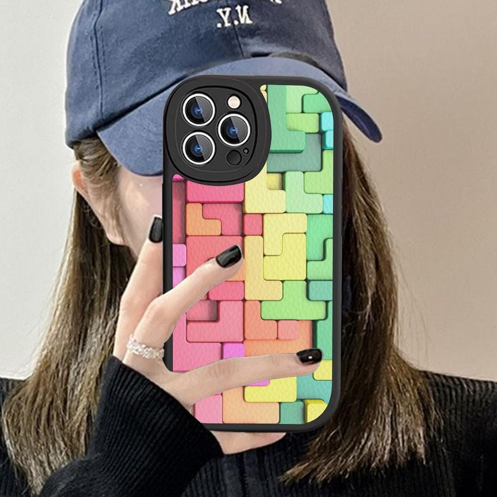 3D Colorful Block Phone Case Hard Leather For iPhone 16 15 14 13 12 Mini 11 14 Pro Max Xs X Xr 7 8 Plus Fundas
