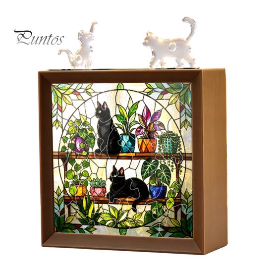 Wooden Photo Frame Base DIY Acrylic Cat Puzzles Night Light, Hand-Assembled Stained Glass Style Jigsaw Lamp with Personalized Handmade Presents Decor,