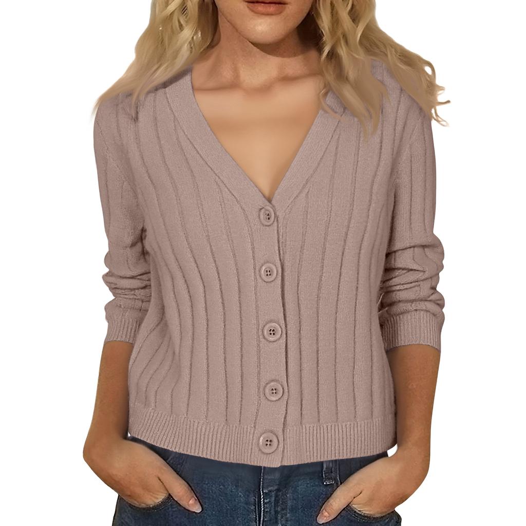 Women's Fashion Long-Sleeve V-Neck Lightweight Knit Sweater Solid Color Outerwear Top