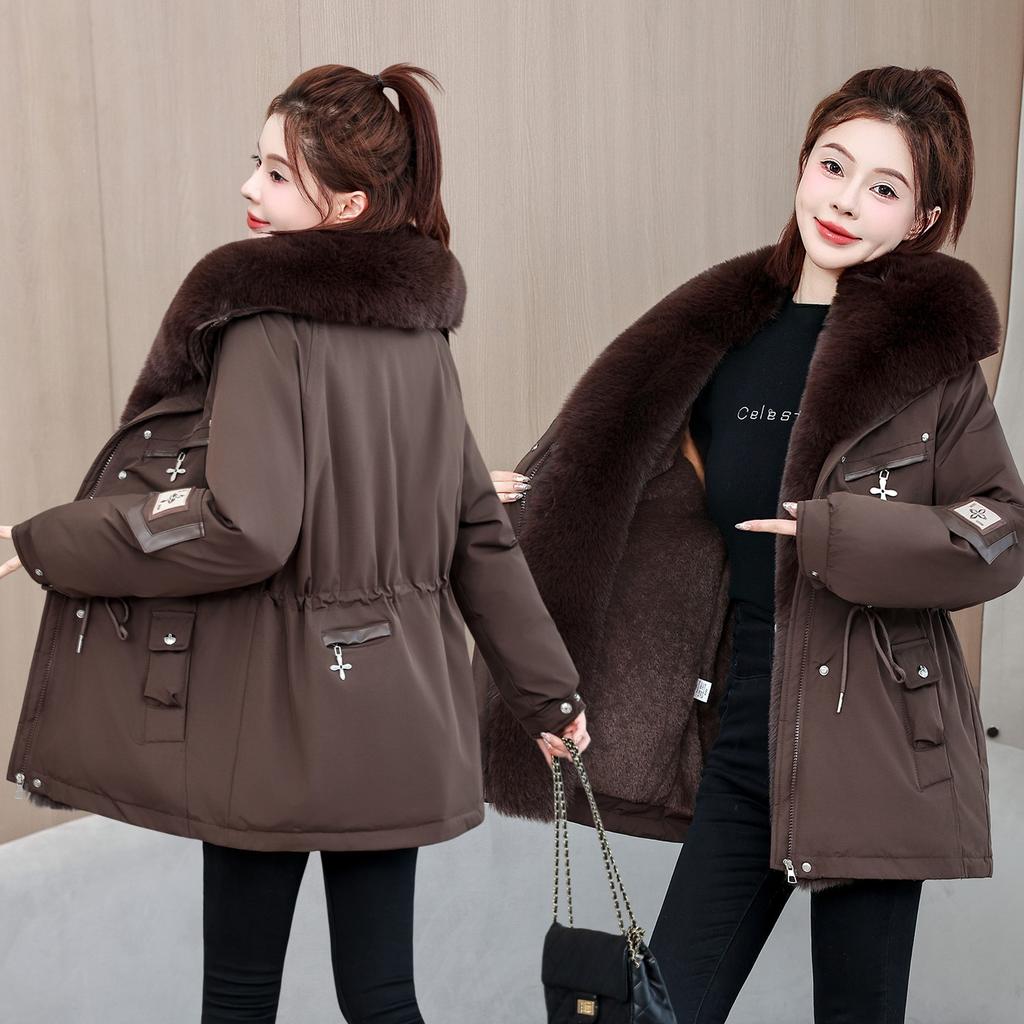 Winter short pie overcome women's big fur collar waist drawstring tooling thickened padded jacket brick and mortar store